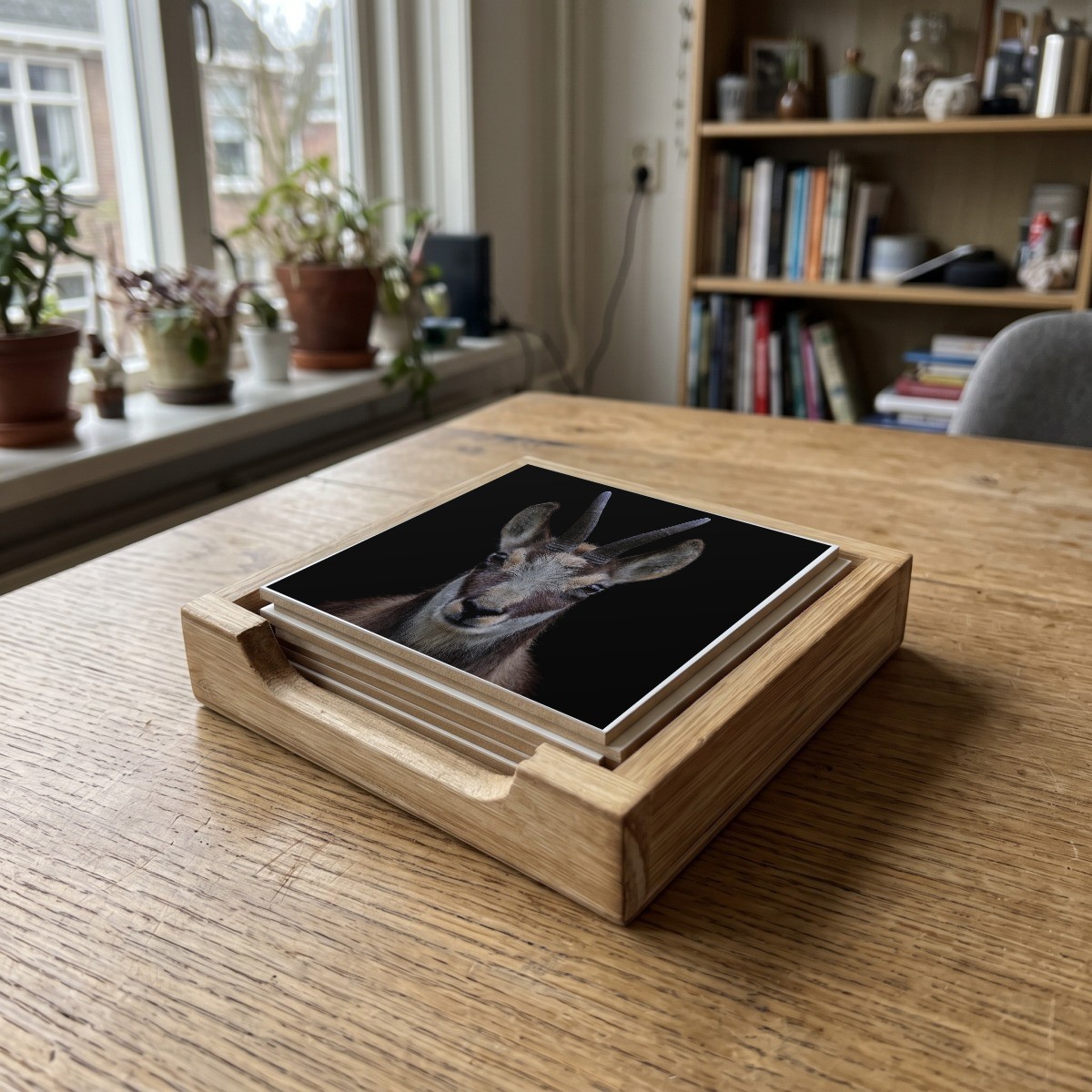 Dieren kleur 03, houten onderzetter in het houten bakje (het houten bakje is apart verkrijgbaar)
