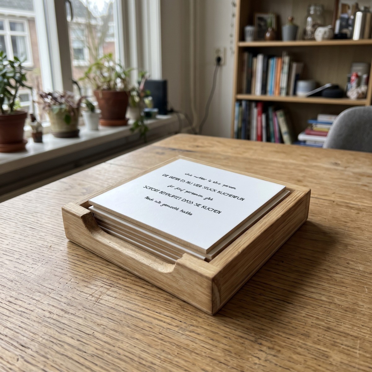Duitse Teksten Wit 026, houten onderzetter in het houten bakje (het houten bakje is apart verkrijgbaar)