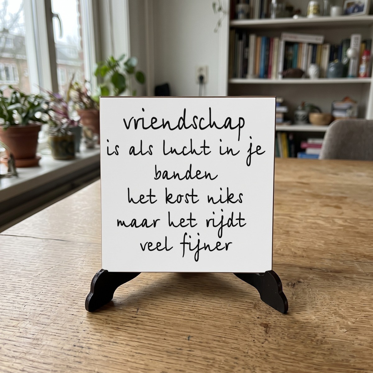 Nederlandse Quotes Wit 013, houten onderzetter op de standaard (de standaard is apart verkrijgbaar)