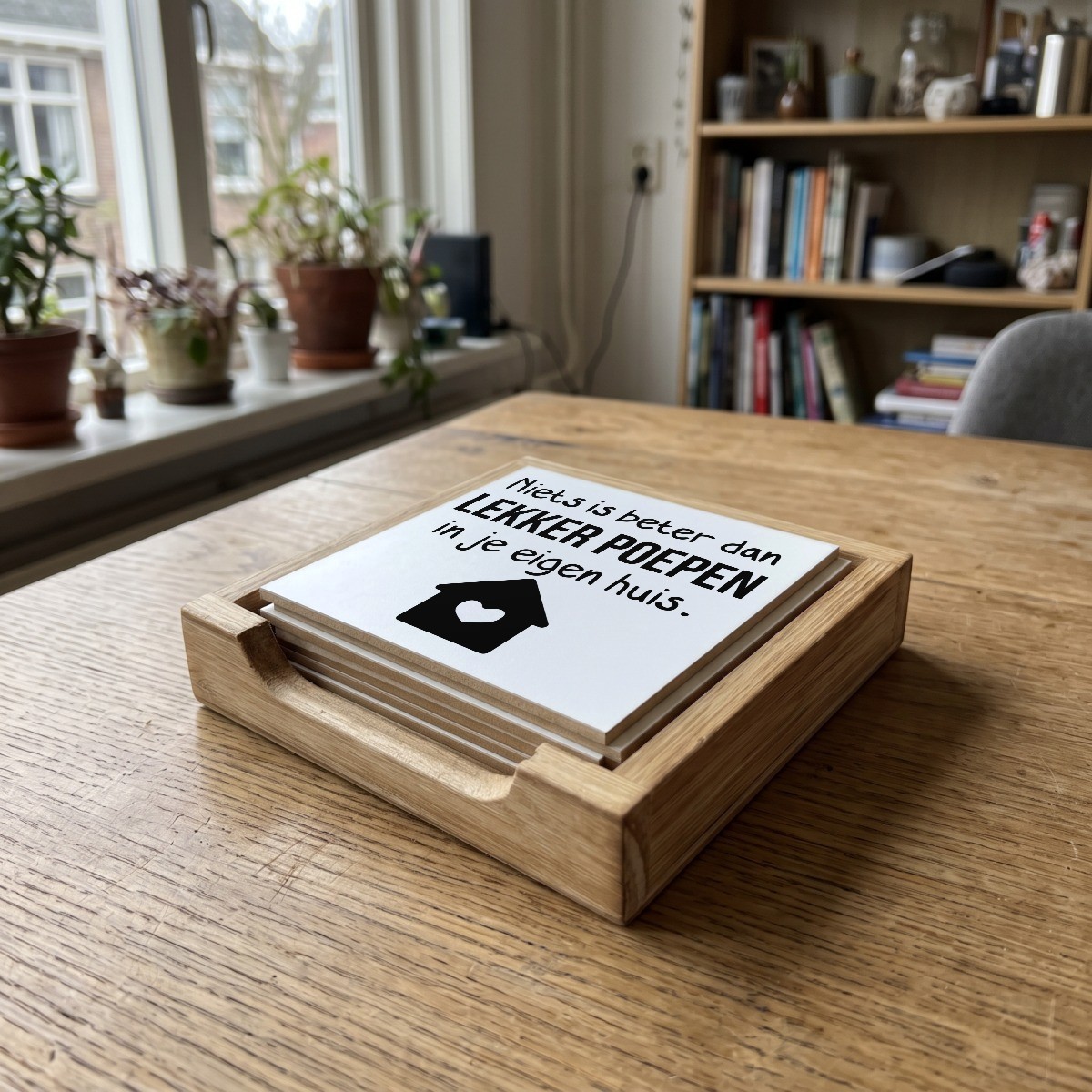 WC quote wit 009, houten onderzetter in het houten bakje (het houten bakje is apart verkrijgbaar)